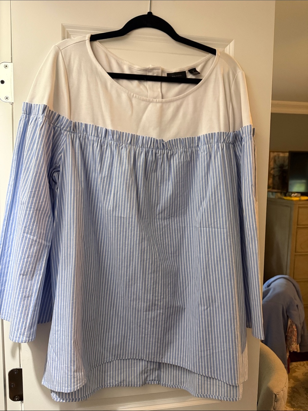 Halogen Blue and White Striped Off-Shoulder Tunic